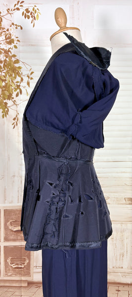 Exceptional 1940s Navy Blue Summer Suit With Pierced Peplum