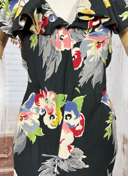 Rare 1930s Black Floral Silk Evening Dress with Ruffled Collar