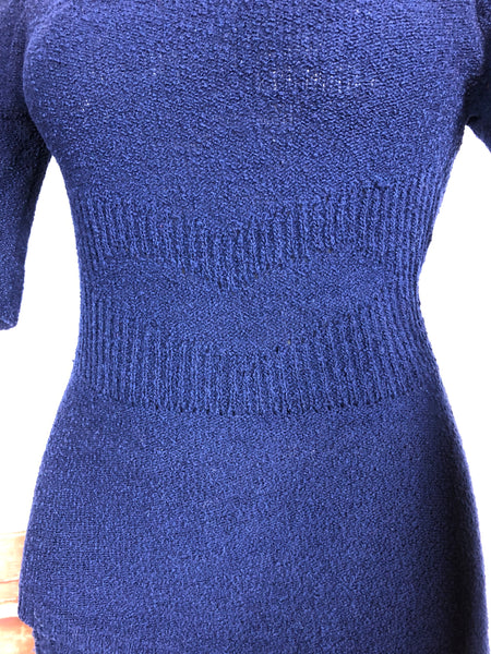 Cozy 1940s Royal Blue Knit Set with Geometric Detailing