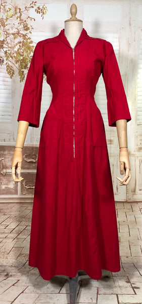 Amazing Lipstick Red 1940s Corduroy Zip Front Dress