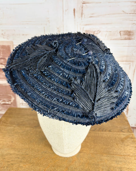 Navy Blue 1940s Straw Percher Hat With Matching Hat Pins