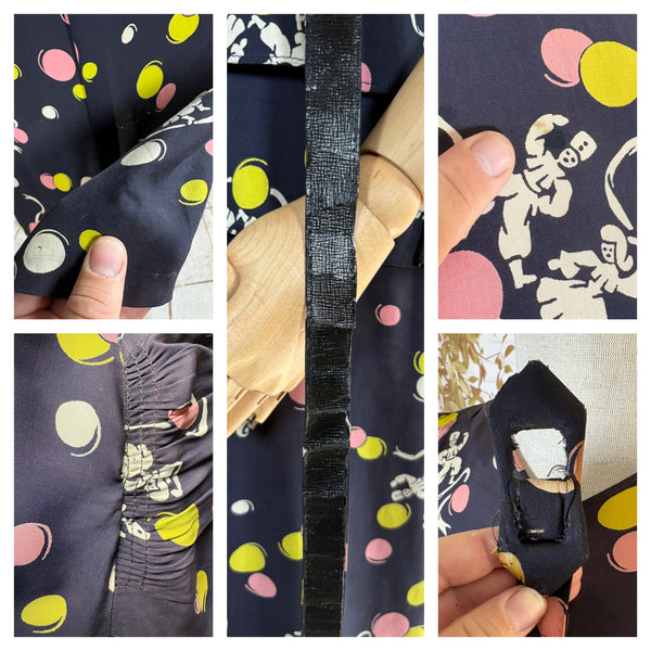 1940s Navy Cold Rayon Novelty Print Dress – Dancing Figures & Abstract Dot Print