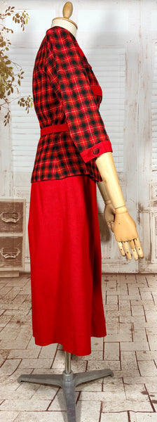 Fabulous 1940s Red And Black Plaid Skirt Suit