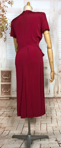 Stunning Original 1940s Vintage Red Peplum Cocktail Dress with Pearl Mock Necklace