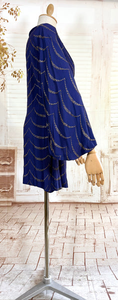 1930s Royal Blue Gold Lamé Chevron Coat | Statement Sleeve Antique Evening Coat