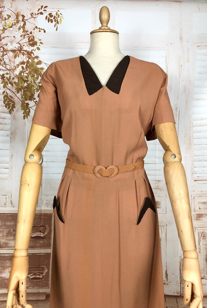 Incredible Original 1940s Volup Dress Suit In Tan With Chocolate Brown Accents