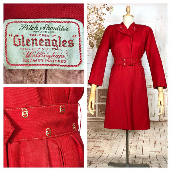 Exceptional Original 1940s Lipstick Red Coat By Gleneagles With Gold Studded Belt