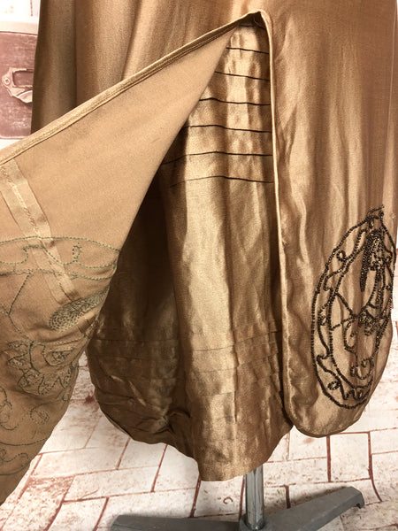Exquisite Original 1920s Antique Copper Silk Satin Beaded Flapper Dress