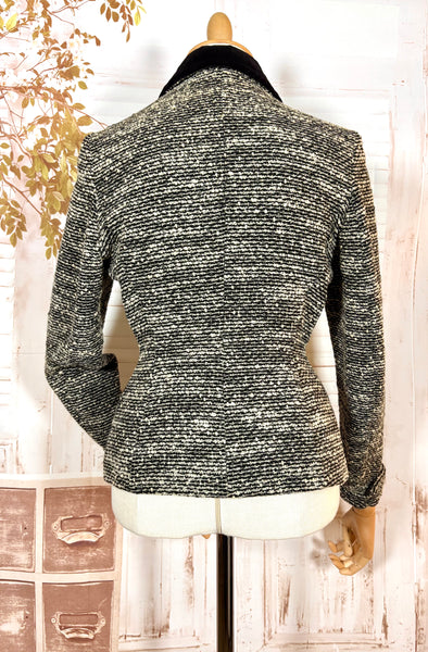 Late 1940s Black & Cream Bouclé Tweed Sports Blazer – Velvet Collar – Jancourt Petite Sports