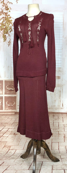 Exquisite Original 1930s Vintage Burgundy Knit Set With Lace Knit Inserts