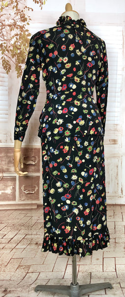 1930s Floral Rayon Crepe Skirt Suit with Ruffled Details