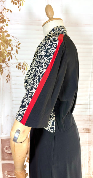 1940s Dress Suit – Scroll Print Jacket with Red Shoulder Stripe Dress