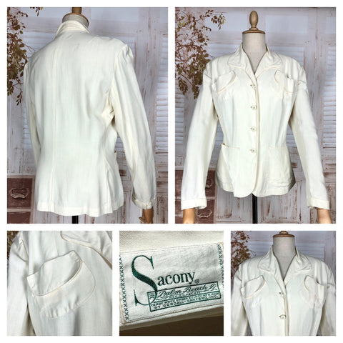 Stunning Original 1940s Volup Vintage White Summer Weight Blazer By Sacony Palm Beach