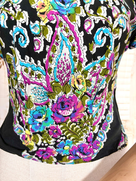 1940s Blouse – Bold Paisley & Floral Print in Magenta, Turquoise & Olive