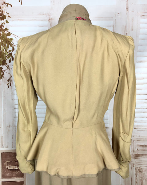 Fabulous Original 1940s Vintage Tan Beige Gabardine Peplum Skirt Suit