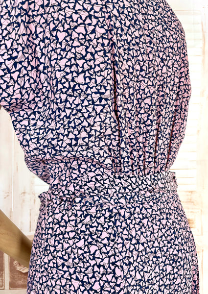 1940s Pink And Navy Blue Abstract Print Rayon Day Dress