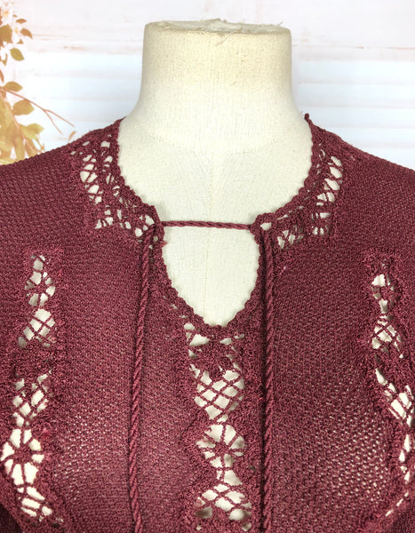 Exquisite Original 1930s Vintage Burgundy Knit Set With Lace Knit Inserts