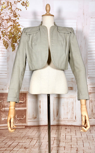 Grey Micro Check 1940s Cropped Bolero Jacket With Statement Shoulders
