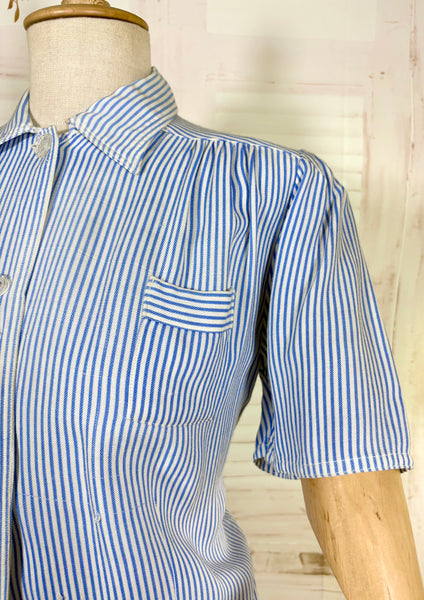 1940s Volup Blue & White Striped Blouse – Gathered Shoulders & Cross-Cut Patch Pocket