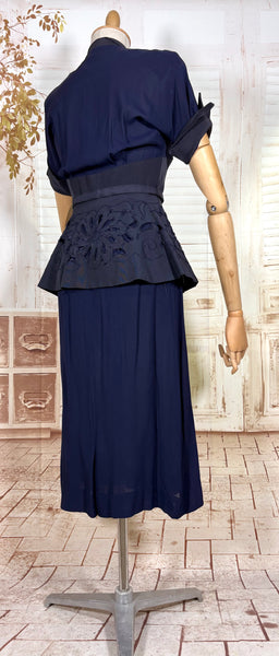 Exceptional 1940s Navy Blue Summer Suit With Pierced Peplum