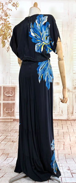 Exceptional 1940s Rayon Full Length Hawaiian Dress With Large Tropical Print
