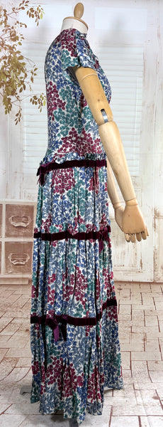 Late 1930s / Early 1940s Tiered Floral Day Dress with Velvet Trim