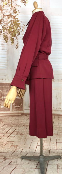 Exceptional 1940s Burgundy Red Gabardine Belted Skirt Suit By Gilbert Original