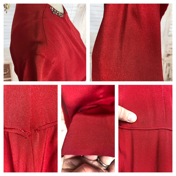 Wonderful Original 1950s Vintage Red Faille Dress With Diamanté Embellishment
