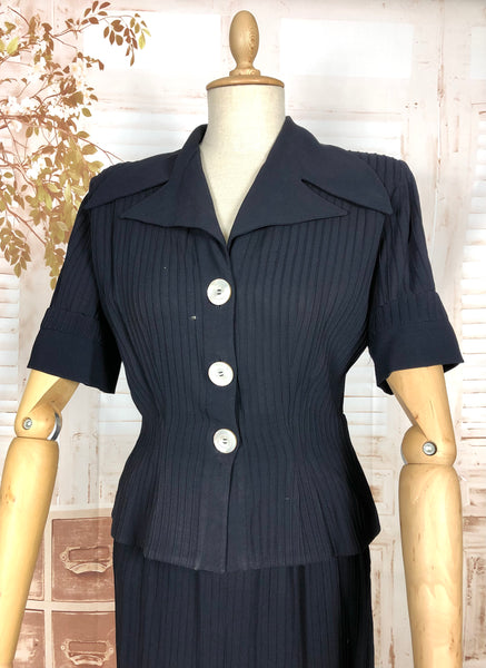 Exquisite Original 1940s Vintage Navy Blue Crepe Skirt Suit With Pin Tucks