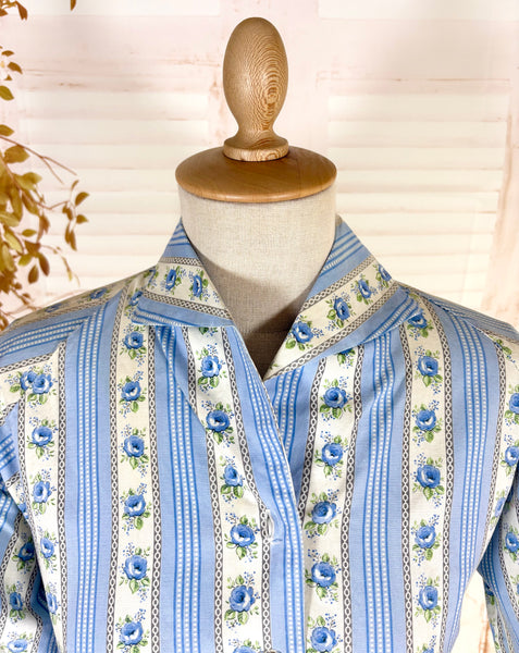 1950s Blue Floral Stripe Cotton Jacket Blouse