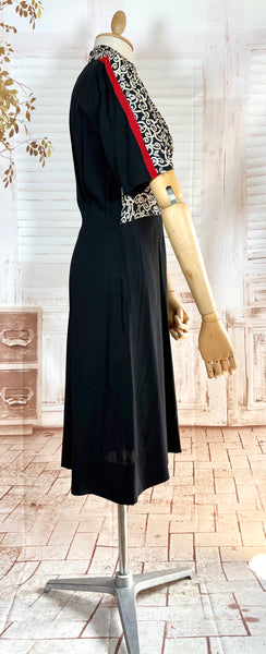 1940s Dress Suit – Scroll Print Jacket with Red Shoulder Stripe Dress
