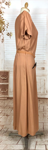 Incredible Original 1940s Volup Dress Suit In Tan With Chocolate Brown Accents