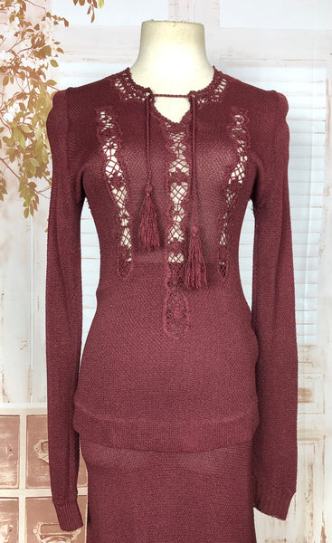 Exquisite Original 1930s Vintage Burgundy Knit Set With Lace Knit Inserts