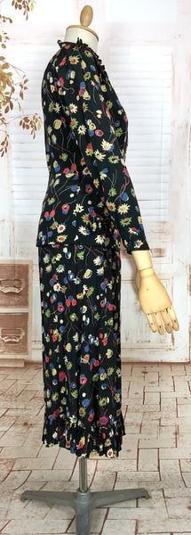 1930s Floral Rayon Crepe Skirt Suit with Ruffled Details