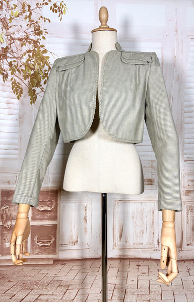 Grey Micro Check 1940s Cropped Bolero Jacket With Statement Shoulders