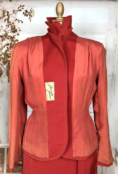 Incredible Original 1940s Vintage Coral Red Gabardine Skirt Suit By Jaunty Juniors