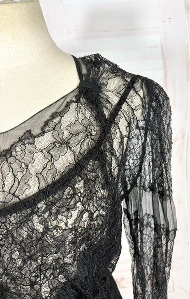 1930s Black Lace Evening Gown with Statement Buckle Detail - Femme Fatale