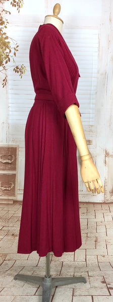 Beautiful Belted Red Late 1940s / Early 1950s Volup Dress With Pin Tuck Details