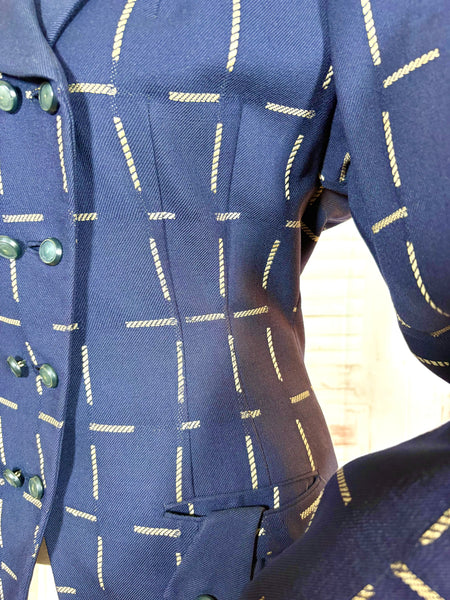 1940s Navy Wool Tailored Jacket – Woven Cream Rope Pattern, Shawl Collar