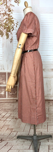 Amazing Original 1940s Volup Vintage Red And White Striped Day Dress By Happy Home Deadstock