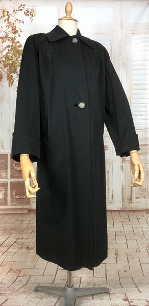 Elegant Original 1940s Vintage Black Swing Coat With Soutache Shoulders And Statement Buttons