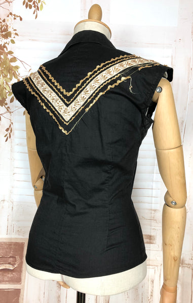 Fabulous Original 1950s Vintage Black And Gold Trimmed Patio Blouse