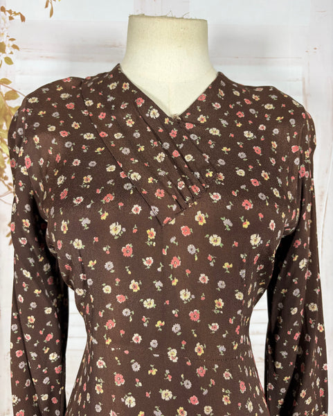 1930s Chocolate Brown Floral Crepe Dress with Pointed Cuffs