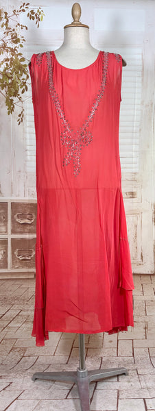 1920s Coral Silk Chiffon Beaded Flapper Dress