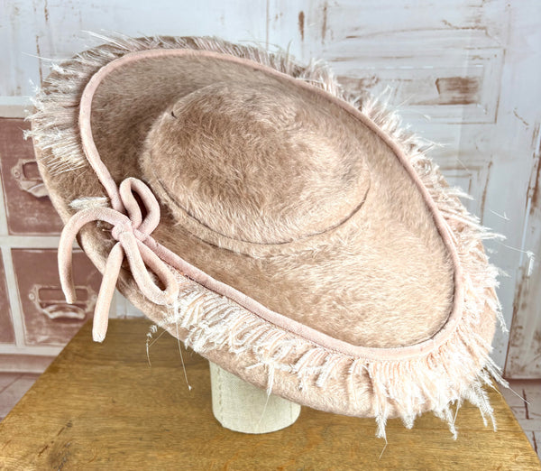 Huge Pale Pink Early 1950s Platter Hat With Feather Trim