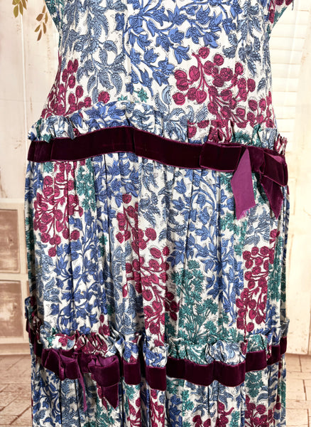 Late 1930s / Early 1940s Tiered Floral Day Dress with Velvet Trim