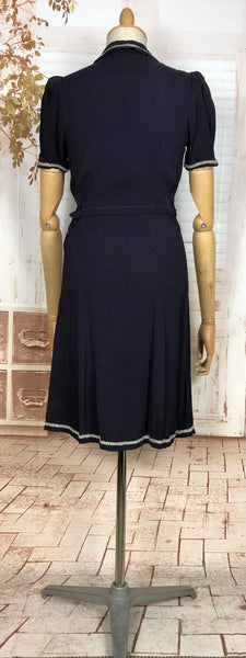 Fabulous Navy 1930s Dress With Puff Sleeves And Rouleau Trim