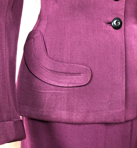 Beautiful Original 1940s Vintage Berry Purple Gabardine Skirt Suit