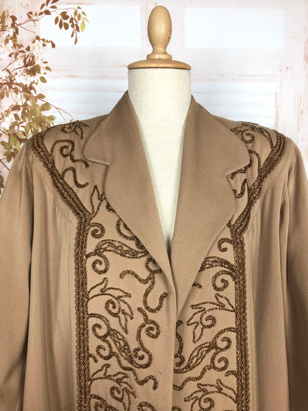 Rare And Exquisite Original 1940s Volup Vintage Beaded Tan Swing Coat