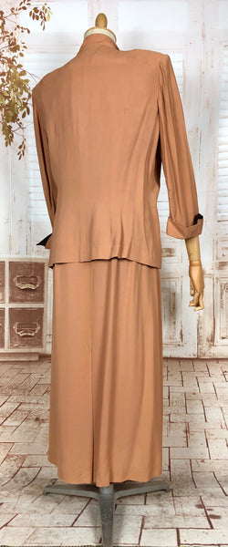 Incredible Original 1940s Volup Dress Suit In Tan With Chocolate Brown Accents